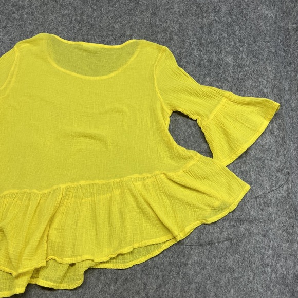 Bryn Walker Top Womens M Yellow Ruffle Hem Flared Sleeve Guaze Blouse Lagenlook - Picture 14 of 16
